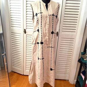 J Song Tan Linen Sleeveless Maxi Dress with Black Embroidery and Pockets, 12